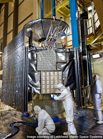 Juno being examined by Lockheed technicians upon completion of acoustic tests.