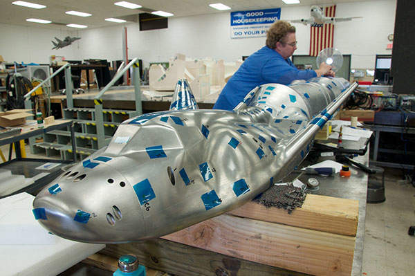 A Dream Chaser model undergoing final preparation at Nasa Langley. Image courtesy of NASA EDGE / Ron Beard.