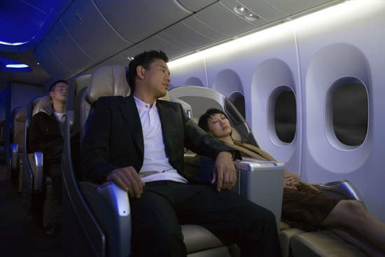The 747-8 intercontinental features new mood lighting technology to provide a more restful environment.