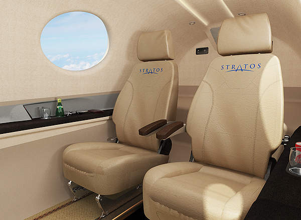 The Stratos 714 can carry two flight crew and two passengers in a four-seat configuration. Credit: Stratos Aircraft.