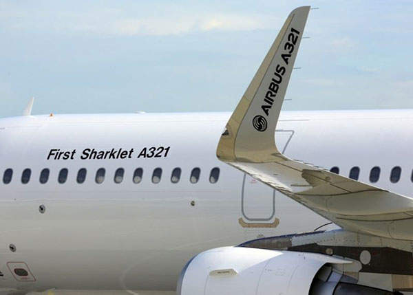 A close view of the Sharklet of the Airbus A321 aircraft.