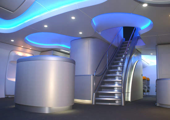 The 747-8 intercontinental uses interior features from the 787 Dreamliner, including the curved, upswept architecture.