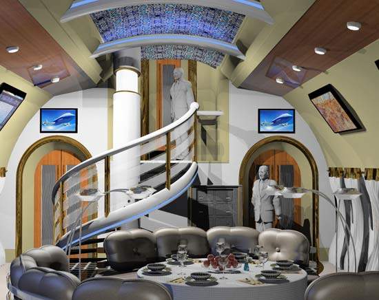 Design concept for the 747-8 VIP showing a dining area with a spiral staircase and vaulted ceilings.