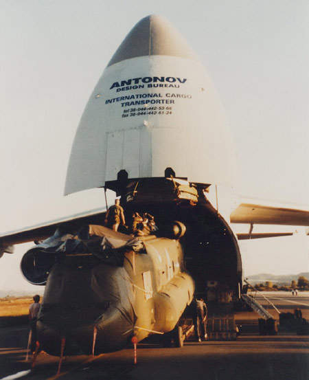 Three Chinook helicopters of the Dutch Air Force were transported in one An-124 by Antonov Airlines. The Chinooks were part of the UN mission in Kosovo and Albania.