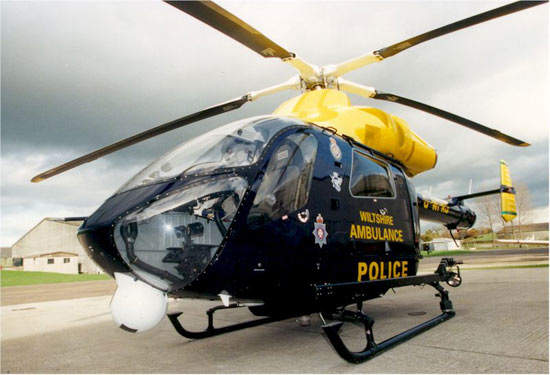 The MD Explorer is in service with law enforcement agencies and emergency services around the world. Shown here with the Wiltshire Air Ambulance Service of the UK.
