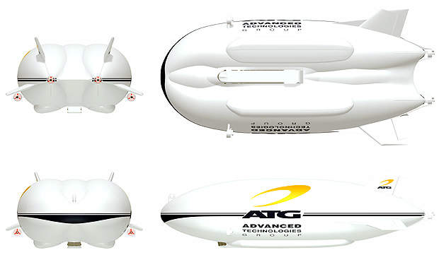 Four views of the SkyCat 20, showing the double-hull shape which provides lift from the aerodynamic design and from the helium inside.