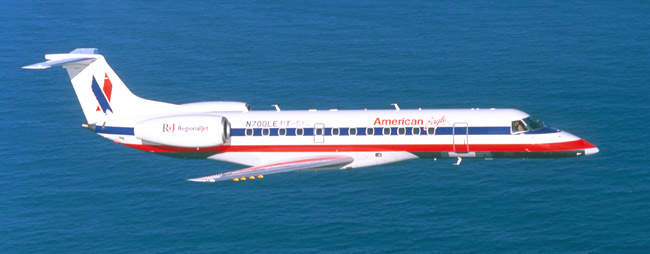 The ERJ-135 37 passenger jet airliner, seen here in the colours of Continental Express of Texas.