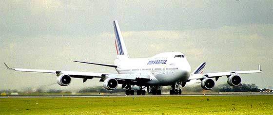 An Air France 747-400. The increased wingspan and winglets are clearly visable, and afford a fuel economy saving of 3%.