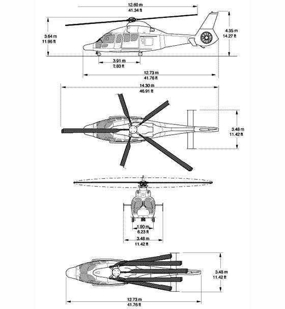 Dimensions diagram of the Eurocopter EC 155 helicopter.
