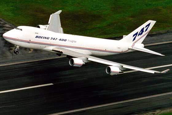 The Boeing 747-400 freight model taking its maiden flight.