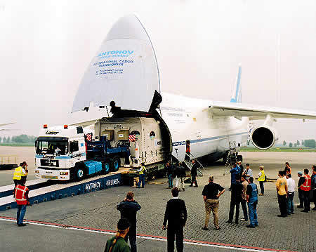Loading the payload module on to Antonow 124 at Schiphol Airport, Amsterdam.