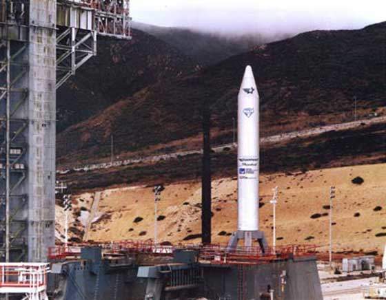 Athena 1 on a launch pad at Vandenberg Air Force Base.