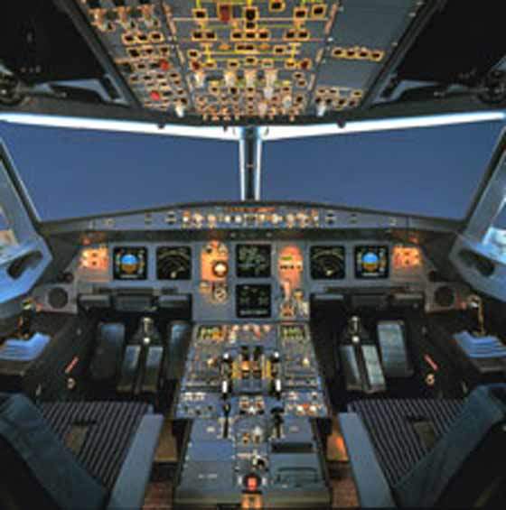 A320 family cockpit, using flat panel LCDs and fly-by-wire flight deck controls.