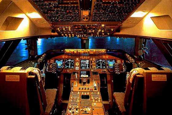 The fully digitised 747-400 flight deck featuring six 8-by-8-inch (200-by-200-mm) cathode ray tube (CRT) displays showing the aircraft flight control systems, navigation systems and engine indicating and crew alerting systems.