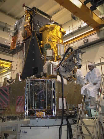 The Integral spacecraft in Alenia Spazio clean-room being prepared for journey to ESTEC.
