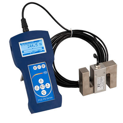 A blue force gauge with a screen and a black wire.