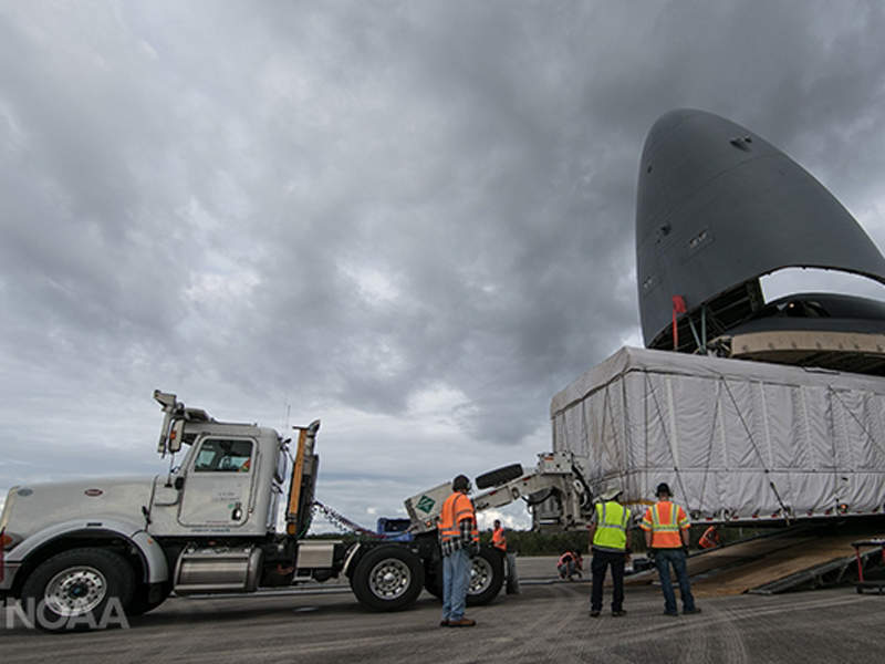 The satellite was transported to Nasa's Kennedy Space Centre shuttle landing facility by the USAF C-5M Super Galaxy cargo transport aircraft. Credit: NOAA / Nasa.
