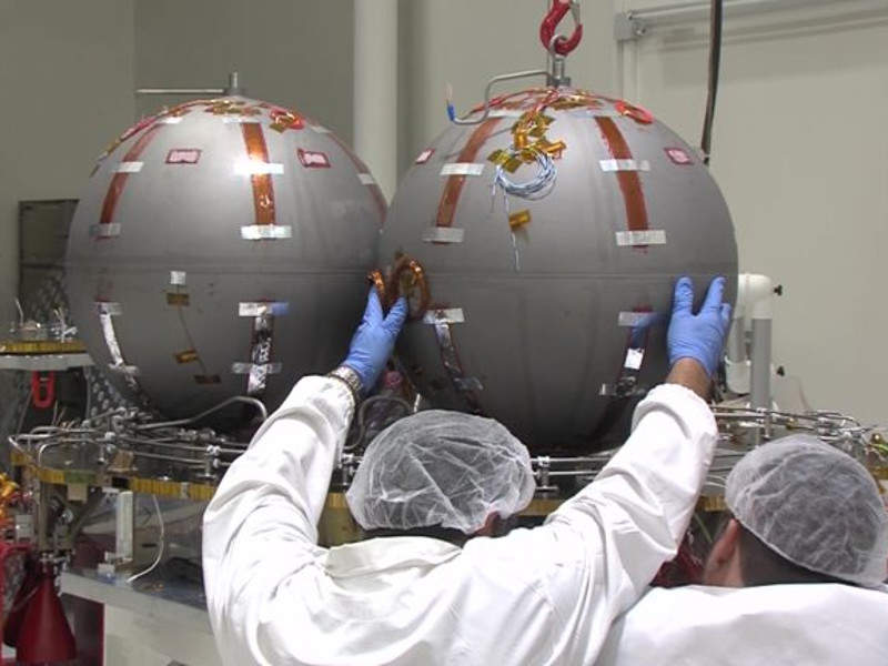 SpaceIL spacecraft’s fuel tanks being examined at IAI’s facility. Credit: SpaceIL.